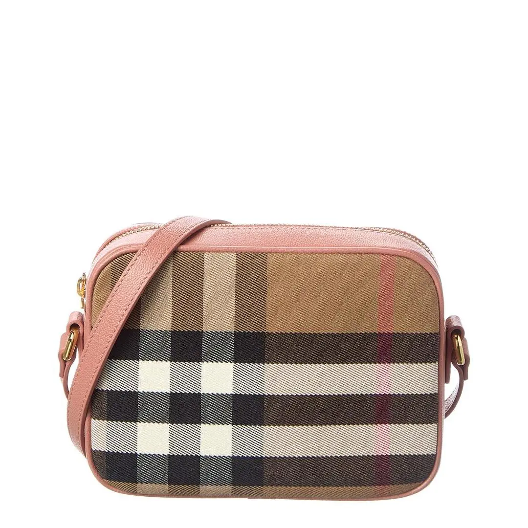 Burberry Check Small Canvas Leather Shoulder Bag Women`s Pink