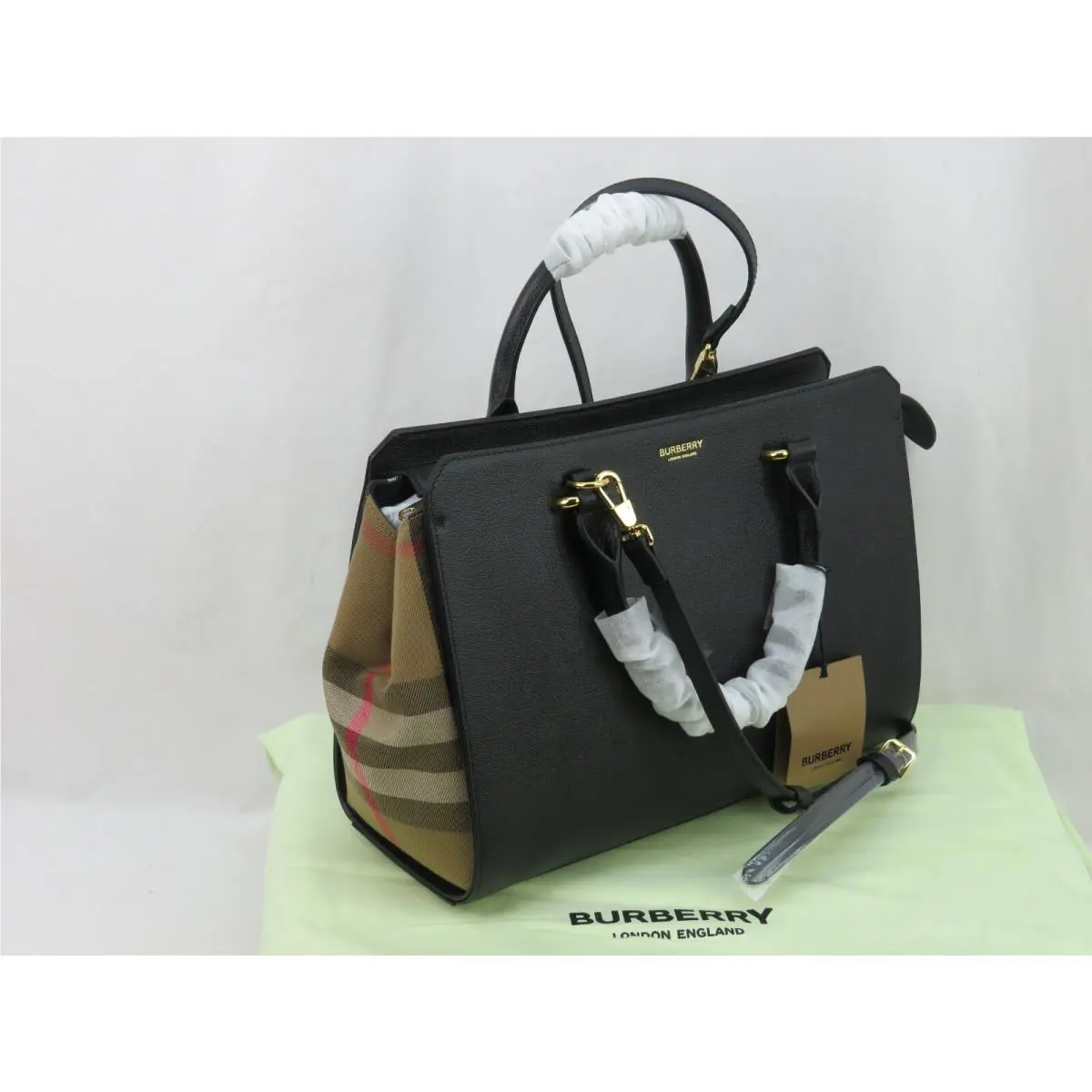 Burberry Banwell Black Leather Check Canvas Houlder Tote Bag 1950