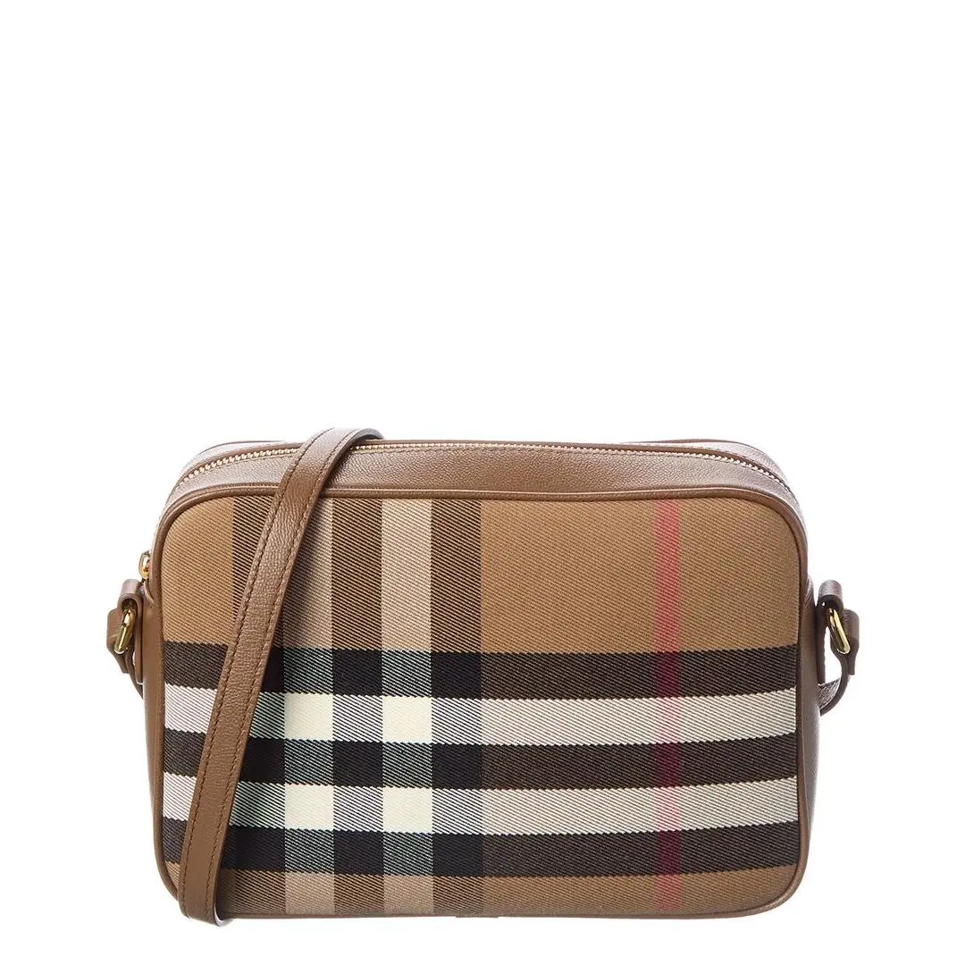 Burberry Check Canvas Leather Shoulder Bag Women`s Brown