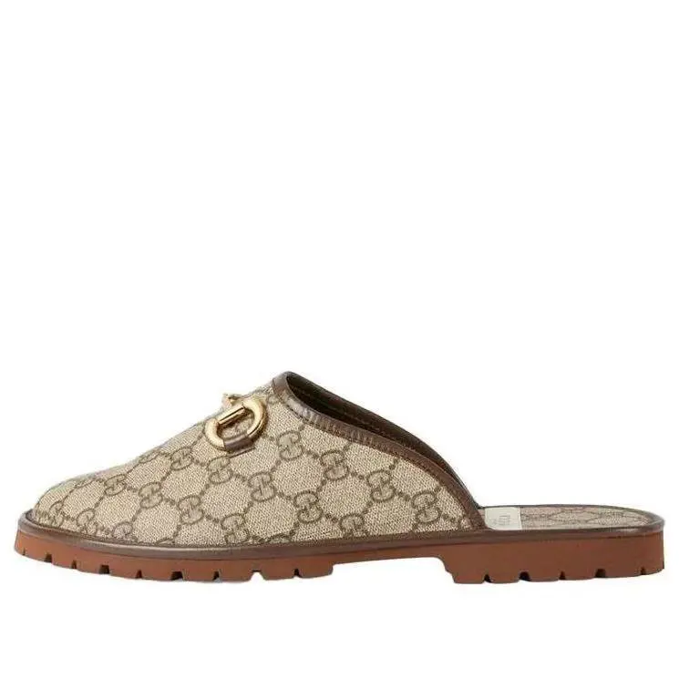 Men`s Gucci Beige GG Supreme Horsebit Slippers Mules 655571 - Beige