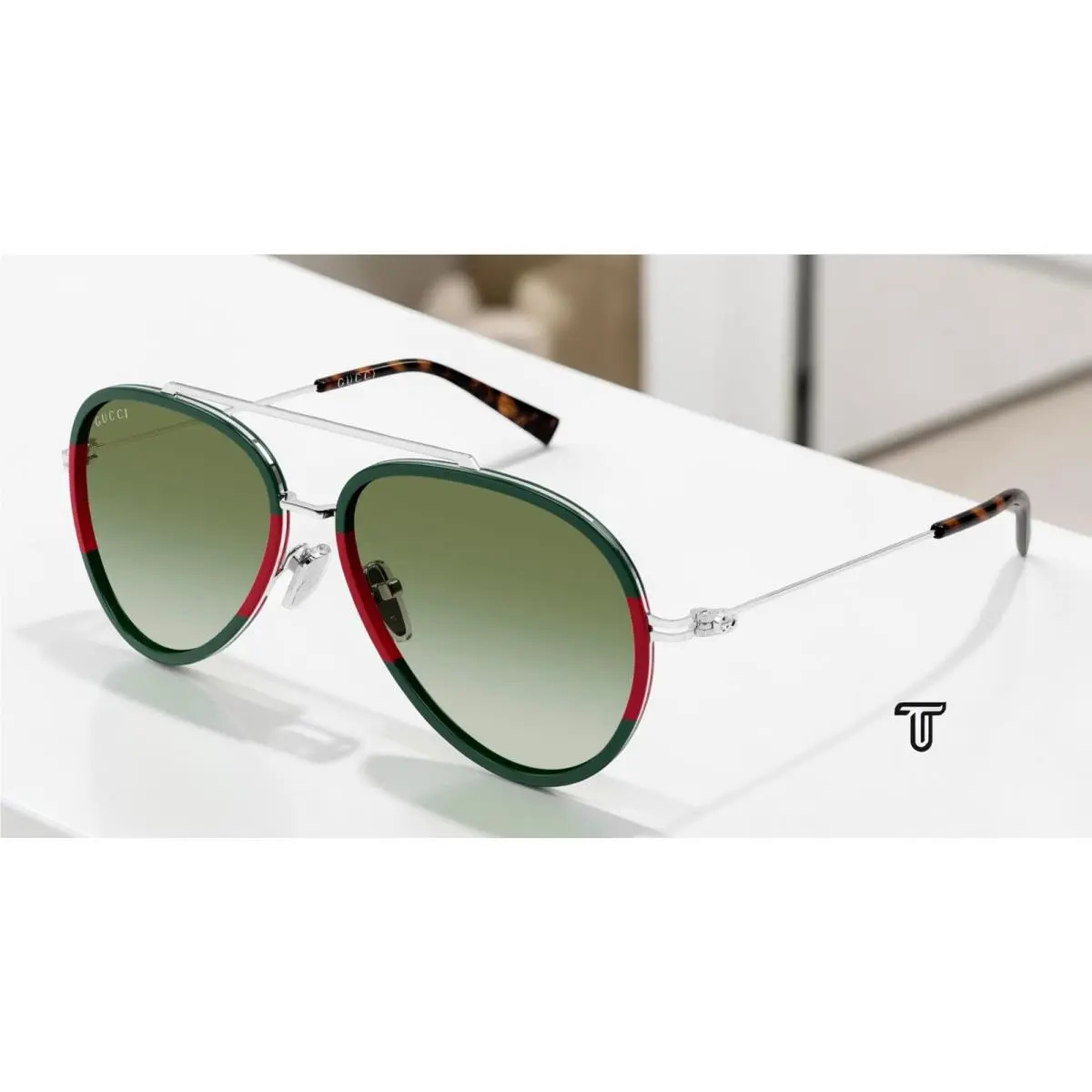 Gucci GG1981S 007 Pilot Navigator Green Silver Green 56 mm Men`s Sunglasses - Frame: Green Silver, Lens: Greem