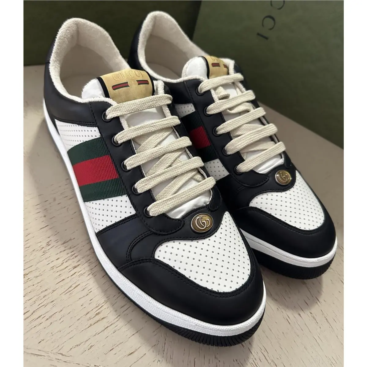 Gucci Men GG Logo Leather Sneakers Black/white 12.5 US/12 UK 546163