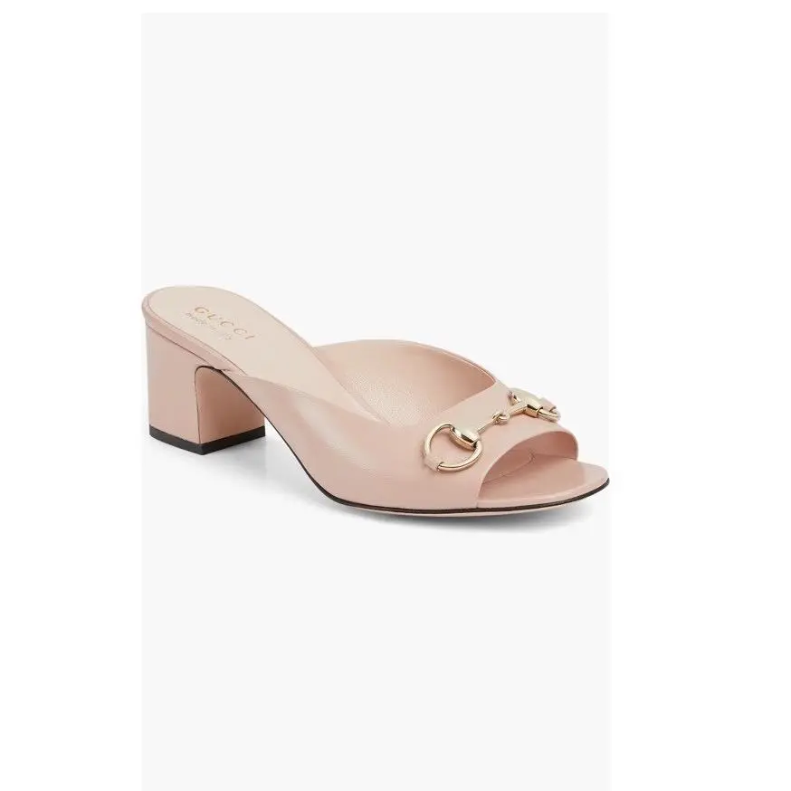 Lady Horsebit Leather Slide Sandals Mules Heels Shoes Light Pink Eu 37.5 by Gucci