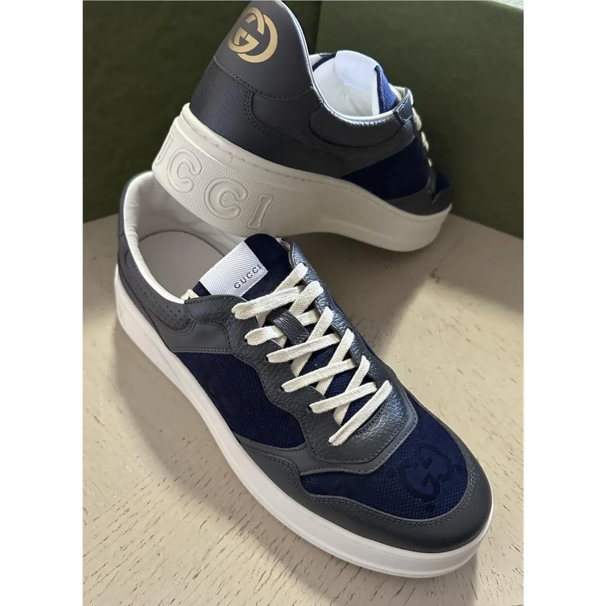Gucci Men GG Logo Canvas Leather Sneakers Blue/gray 12.5 US/12 UK