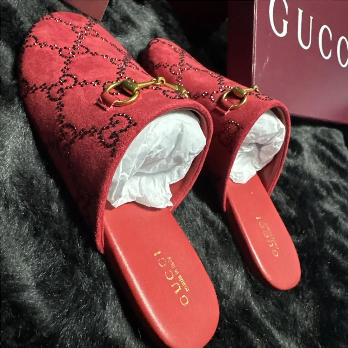 Gucci Women’s GG Lucy Loafers Velvet Horsebit Mules Red Crystal Flat 37 7.5