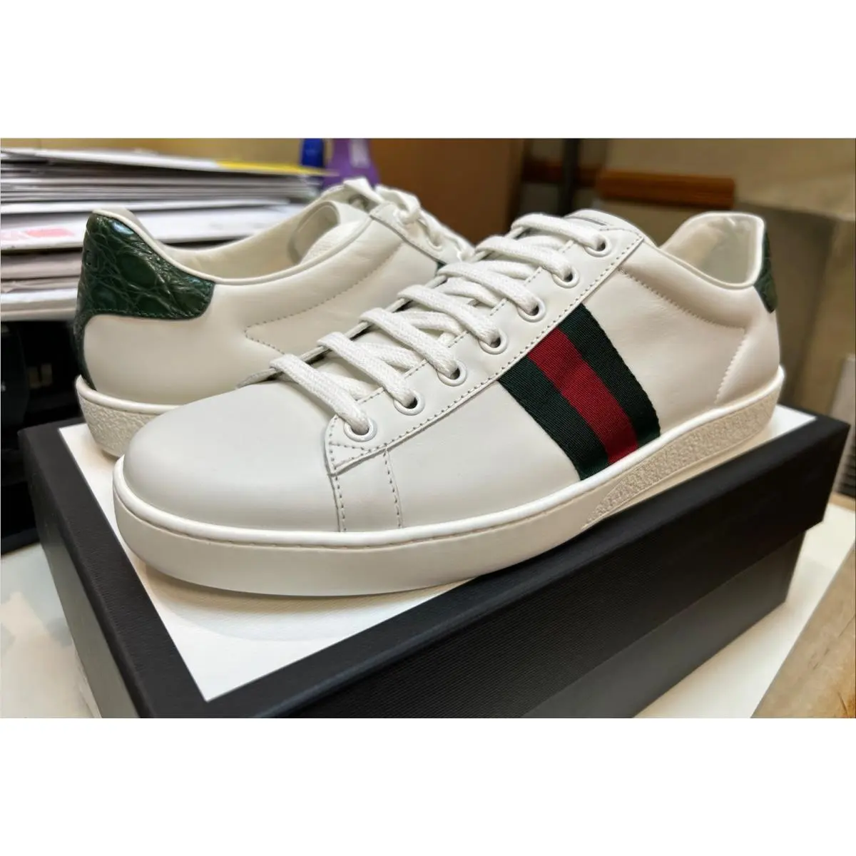 Gucci Ace Crocodile Embossed White Low Size 9/39.5 Women’s Sneakers 387993