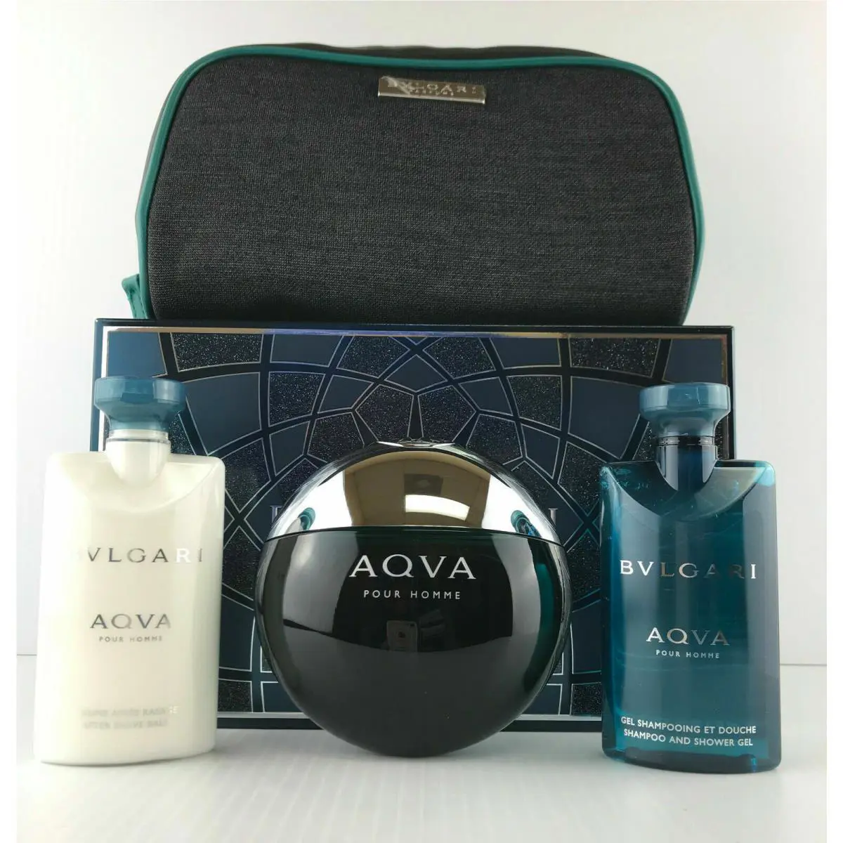 Bvlgari Aqva Pour Homme 4PC Set Edt Spray 3.4 OZ + A/s Balm + S/g + Bag