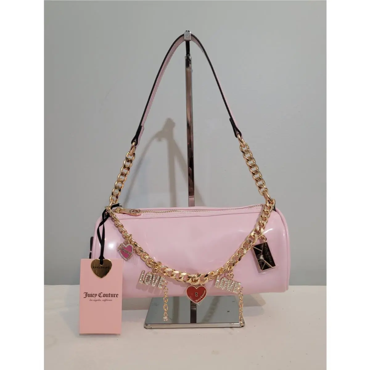 Juicy Couture Pink Patent Barrel Shoulder Bag Y2K Chain Charm