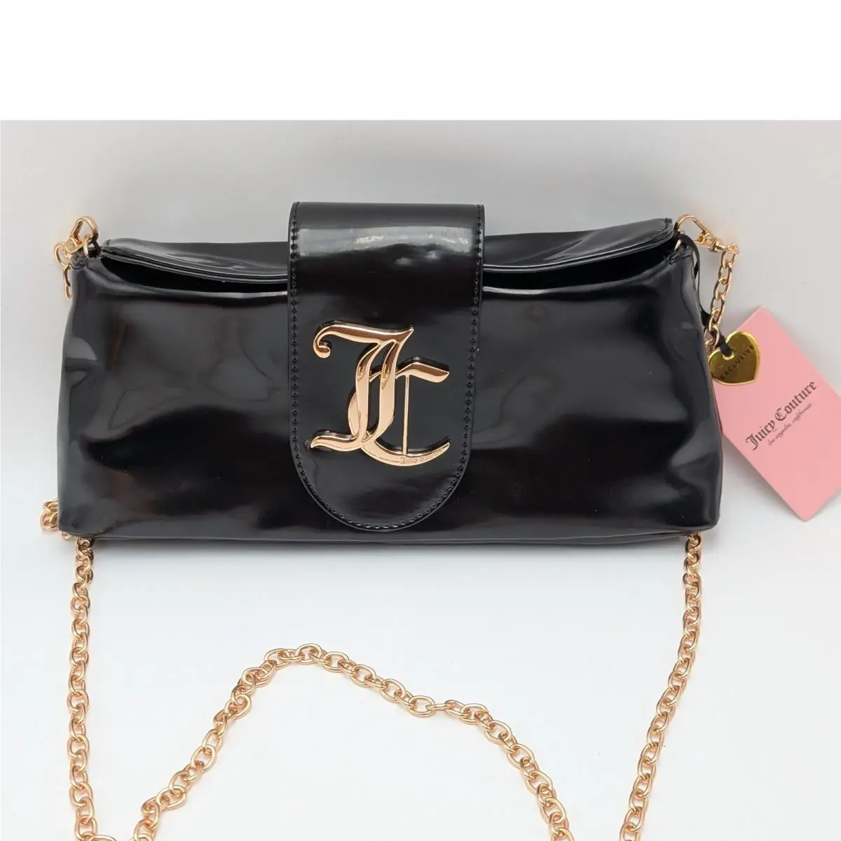 Juicy Couture Clutch Women OS Black Overstated Patent Leather Gold Monogram Bag