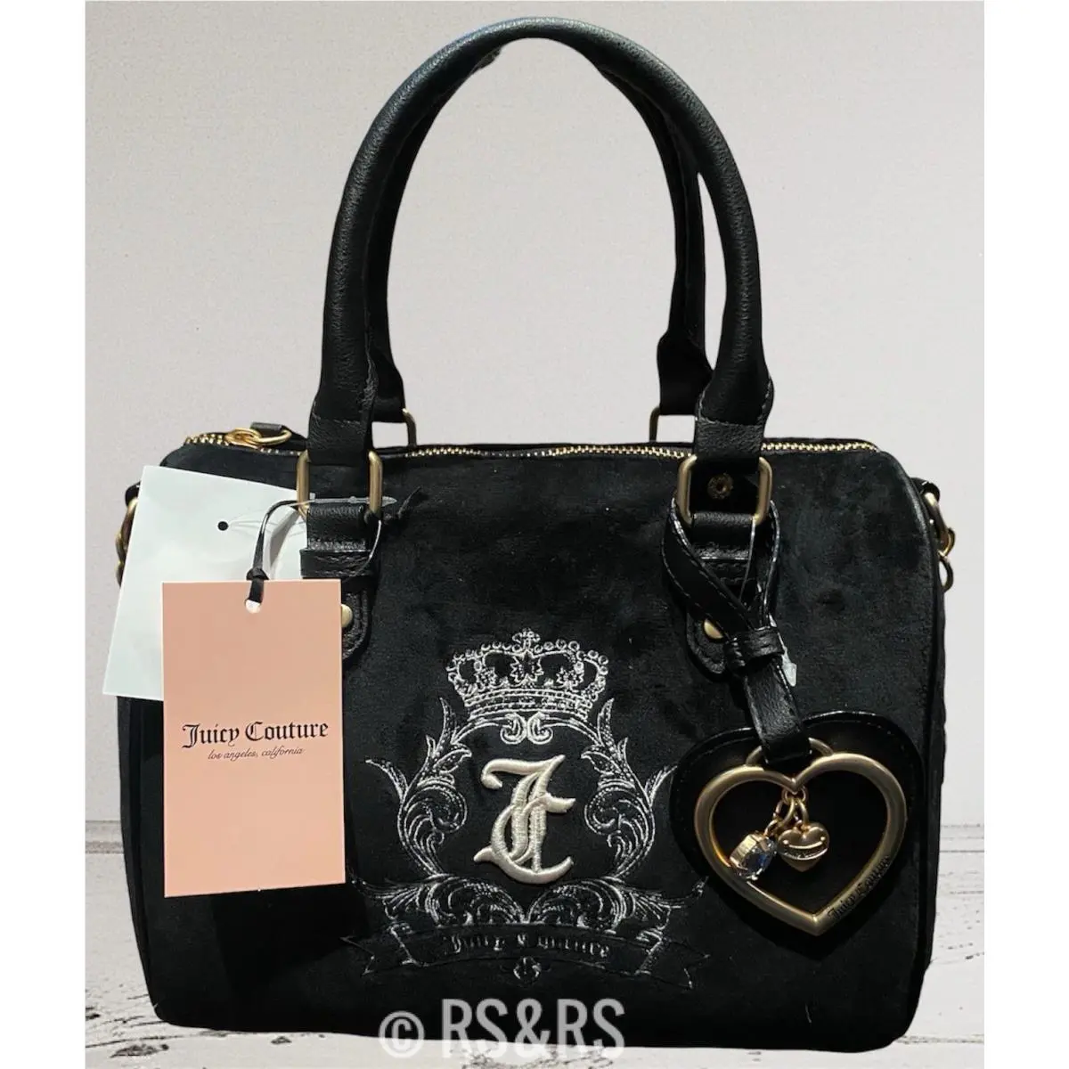 Juicy Couture Need More Juicy Satchel Black Velour Y2K Luxe Heart Charm