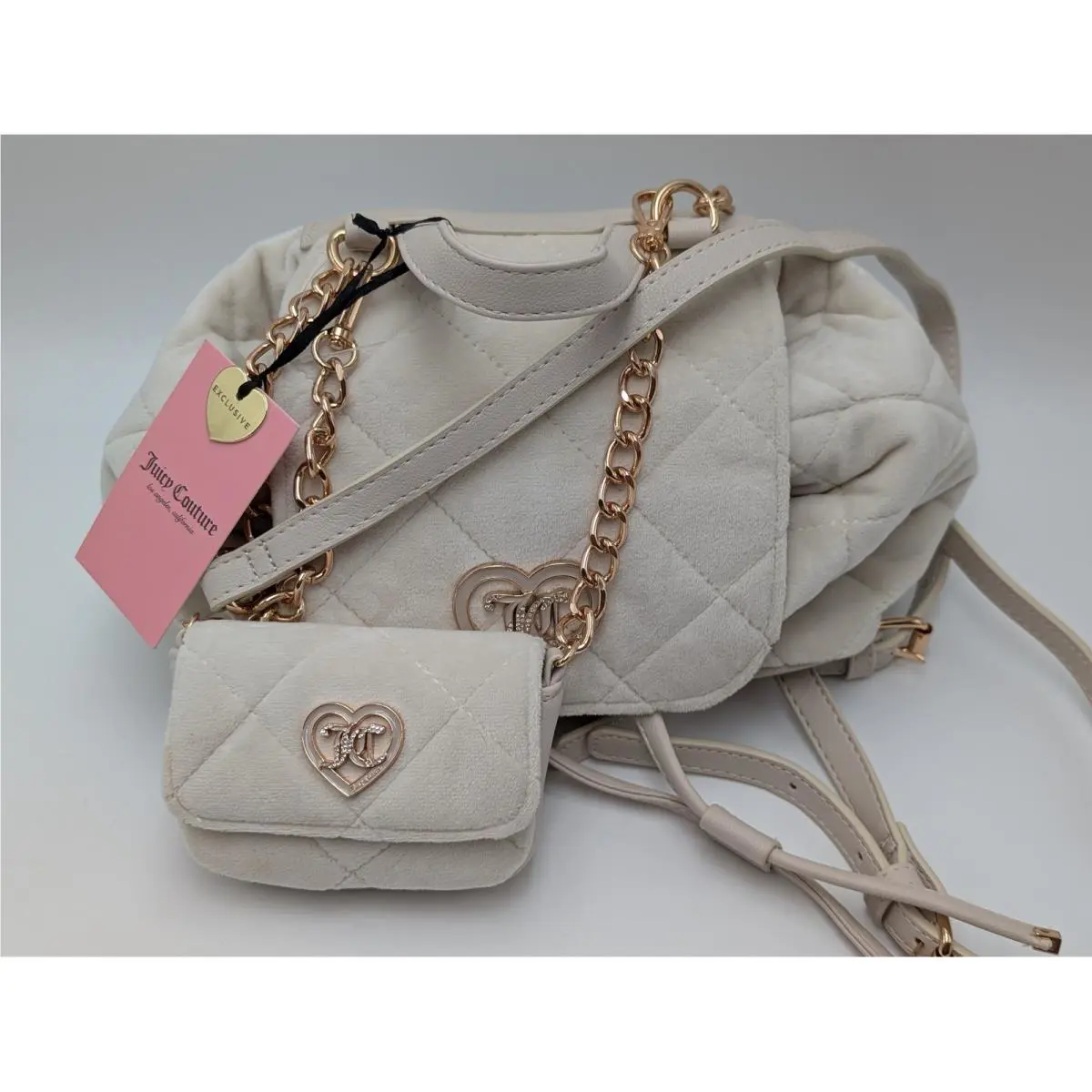 Juicy Couture Backpack Women Small Cream Quilted Velvet Heart Logo Pouch