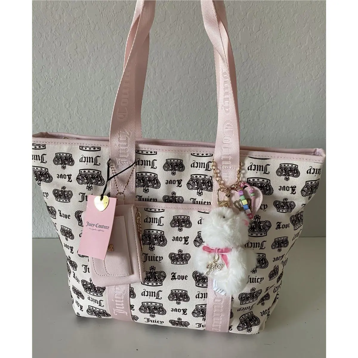 Juicy Couture Crown Juicy Festival Tote Bag Pink Cream Chocolate W/plush Charm