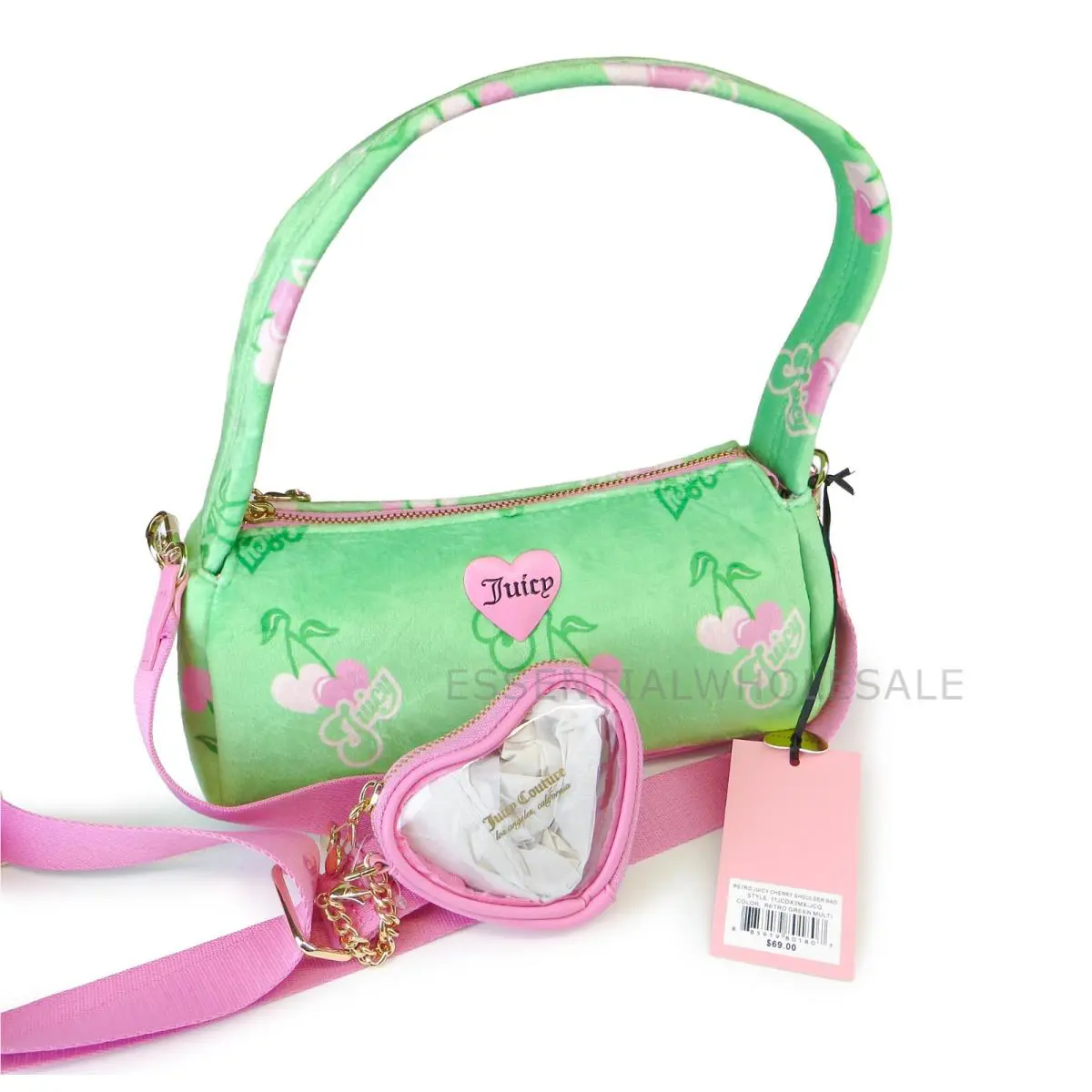 Juicy Couture Velour Retro Cherry Juicy Shoulder Bag Green/pink Multi