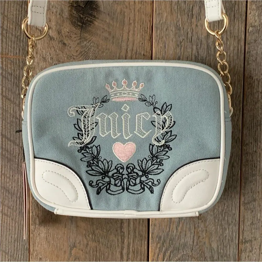 Juicy Couture Light Washed Denim Heritage Y2K Stitched Logo Crossbody Bag