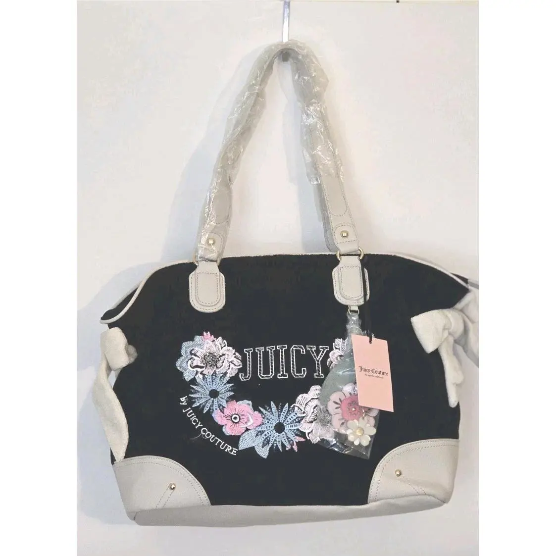 Juicy Couture Y2K Tote Velvet Blue Floral Handbag Charm Zip Shoulder Purse