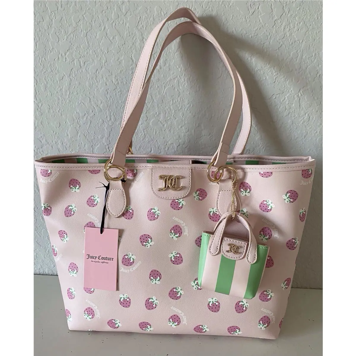 Juicy Couture Fun In The Sun Pink Strawberries Bows Tote Bag Powder Blush Retro