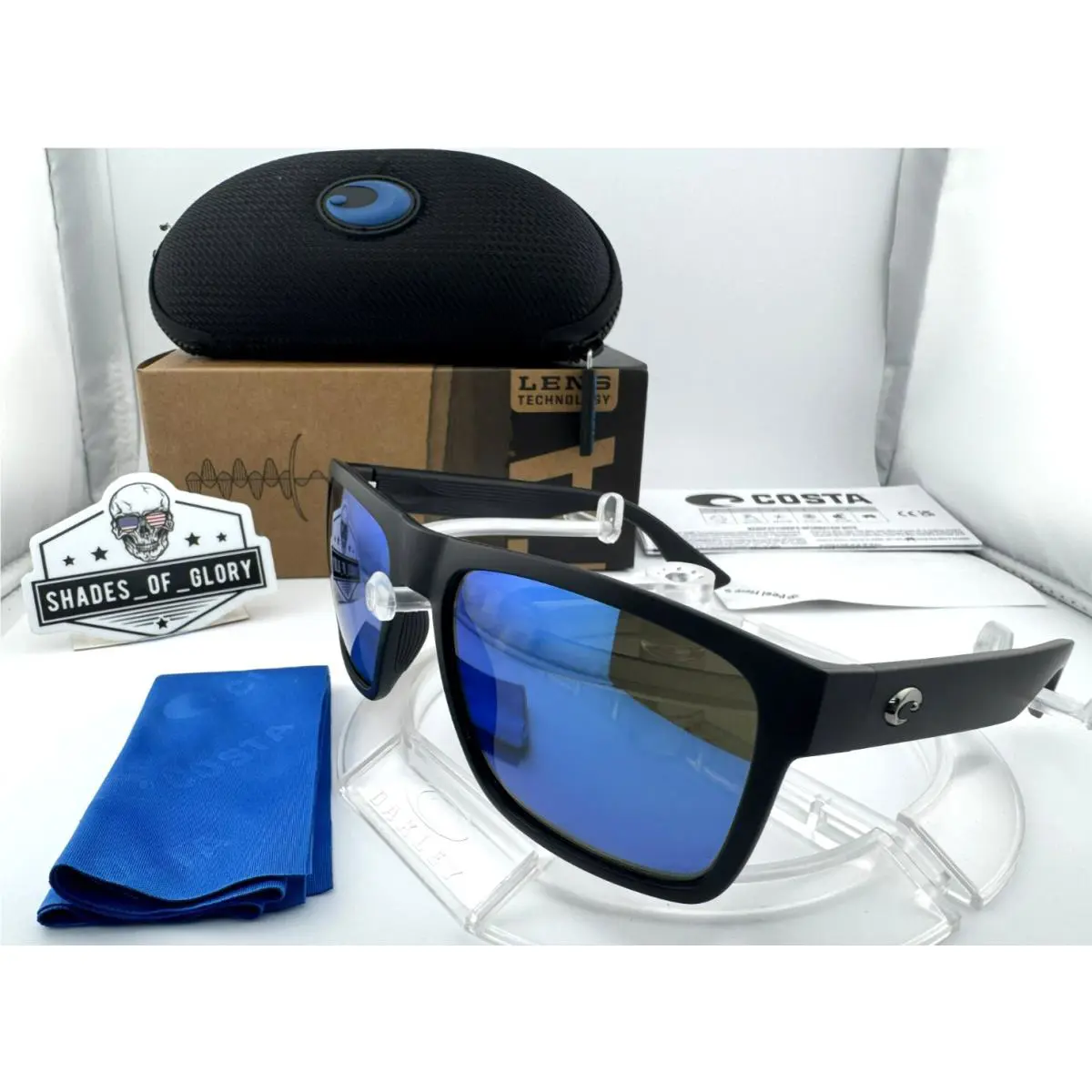 Costa Del Mar Paunch XL Matte Black Blue Mirror 580G Polarized Glass Sunglasses