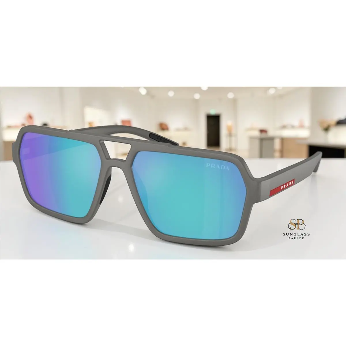 Prada PS A06S 16X08R Grey Silver Light Green Mirror Blue 59 mm Men`s Sunglasses