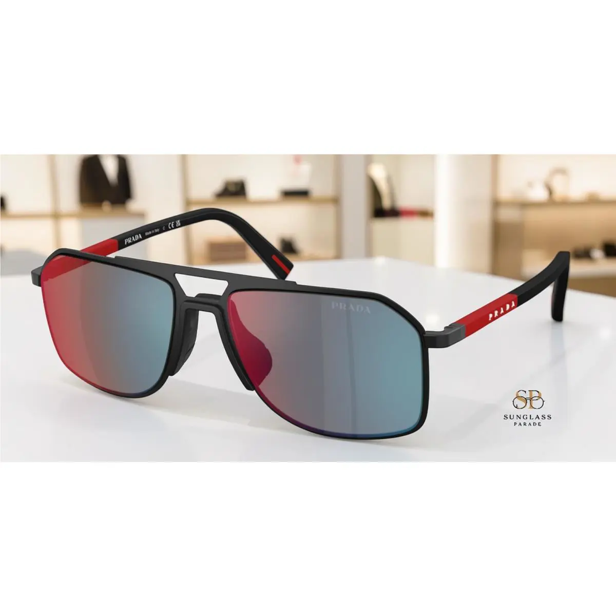 Prada PS B51S 1BO08F Matte Black Grey Mirror Blue Red 56 mm Men`s Sunglasses