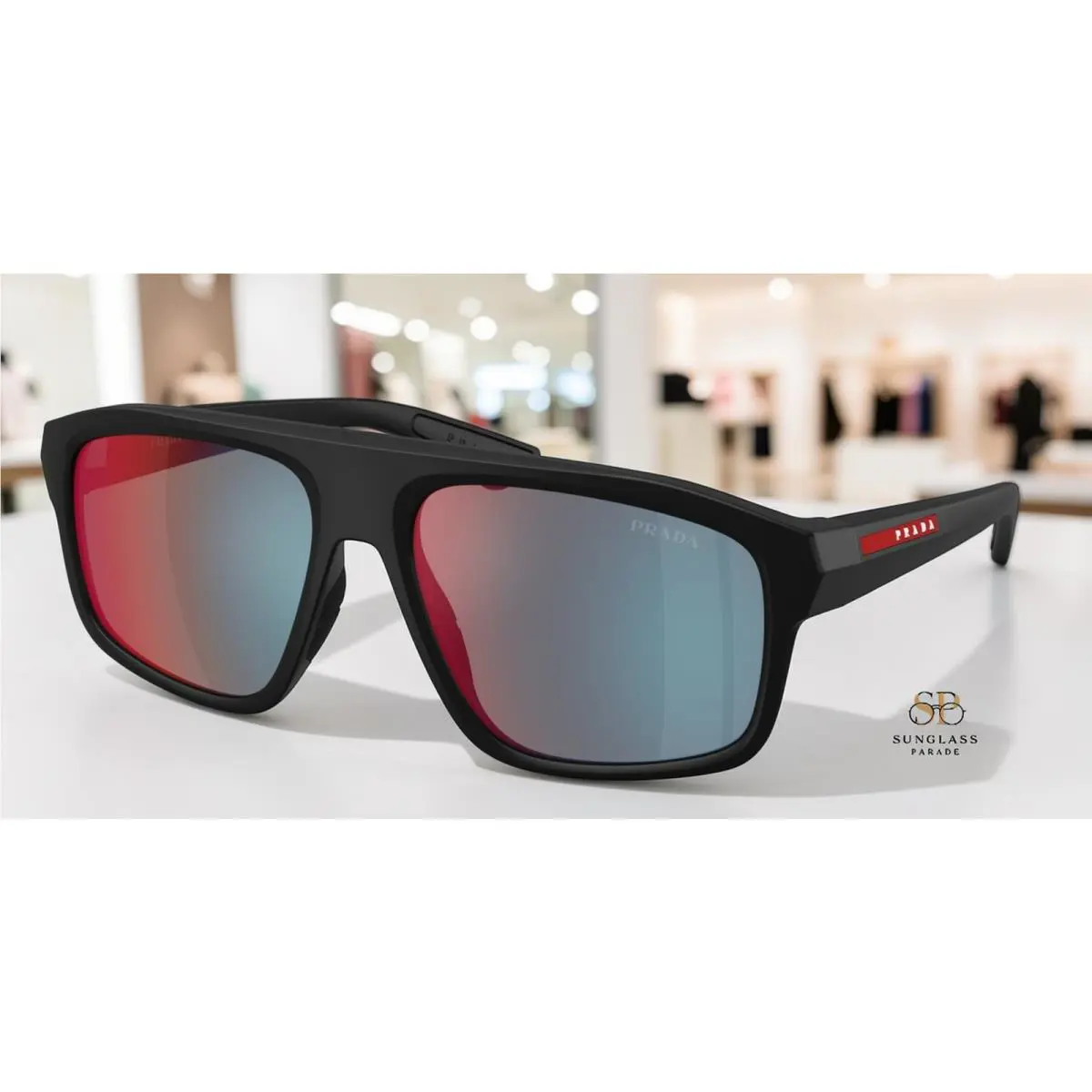 Prada PS B02S 1BO08F Matte Black Dark Grey Mirror Blue Red 59mm Men`s Sunglasses