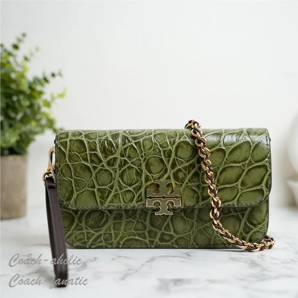 Tory Burch Britten Chain Wallet Crossbody in Croc-embossed Leather Soft Ivy
