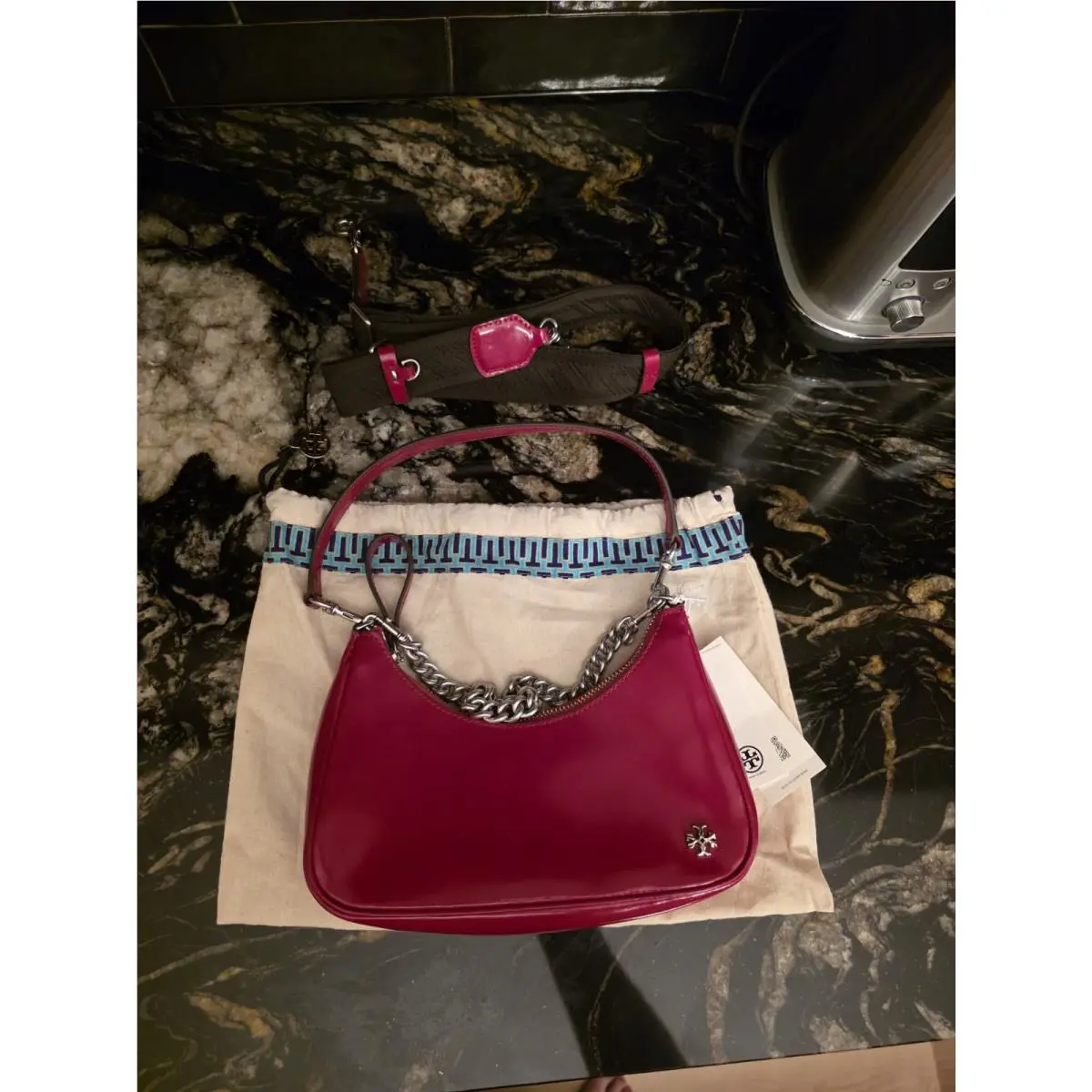 Tory Burch 151 Mercer Patent Leather Crescent Shoulder Bag Lipstick Red
