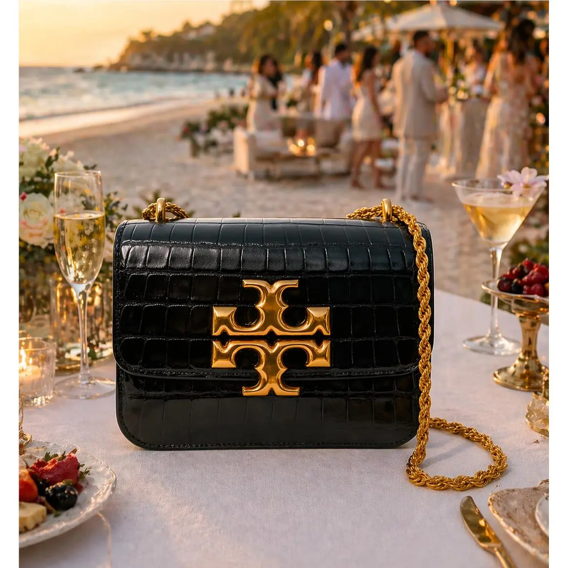 Tory Burch Eleanor Black/rolled Gold Embossed Small Convertible Shoulder Bag