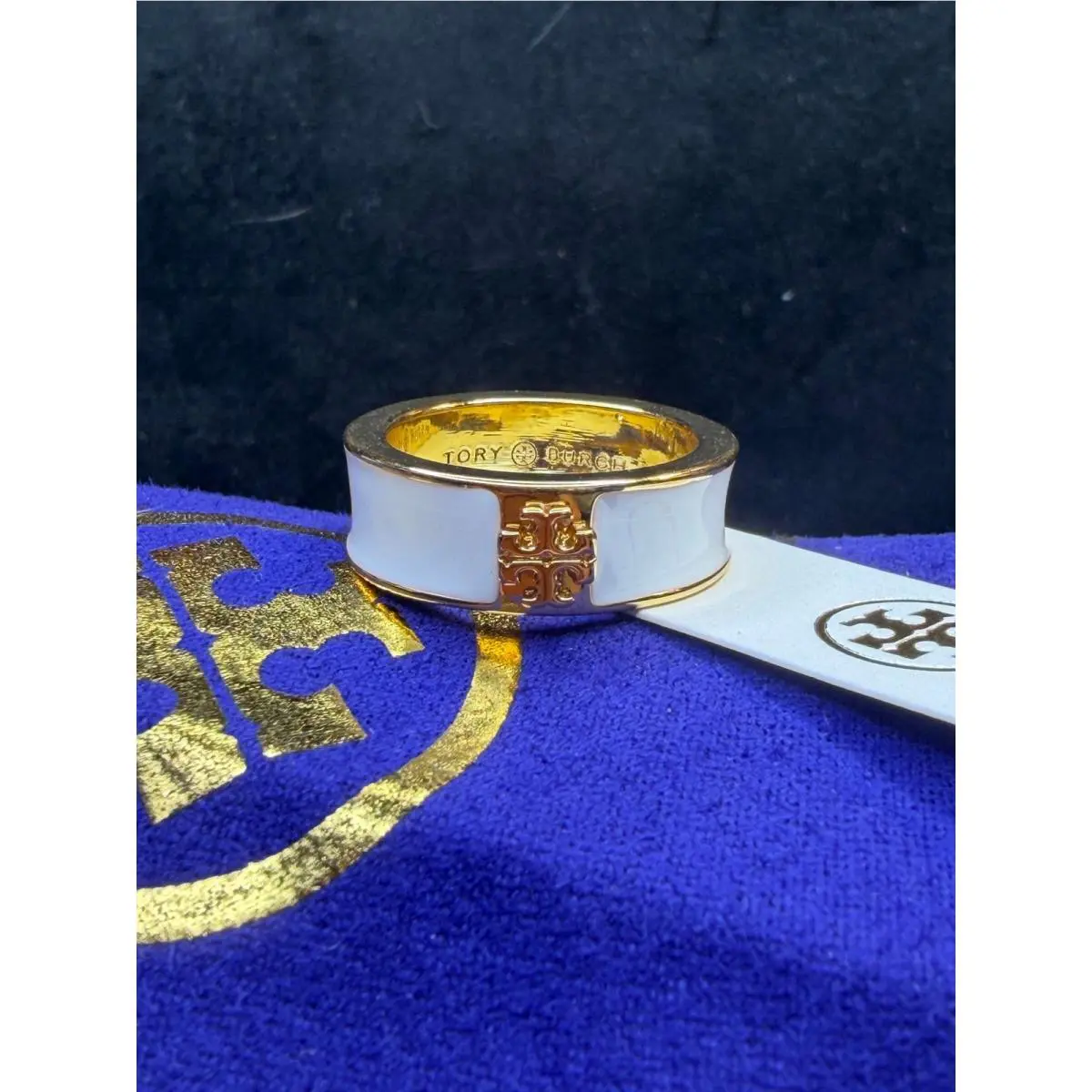 Tory Burch Miller T Ring Gold White Enamel Size 7 w Dust Pouch