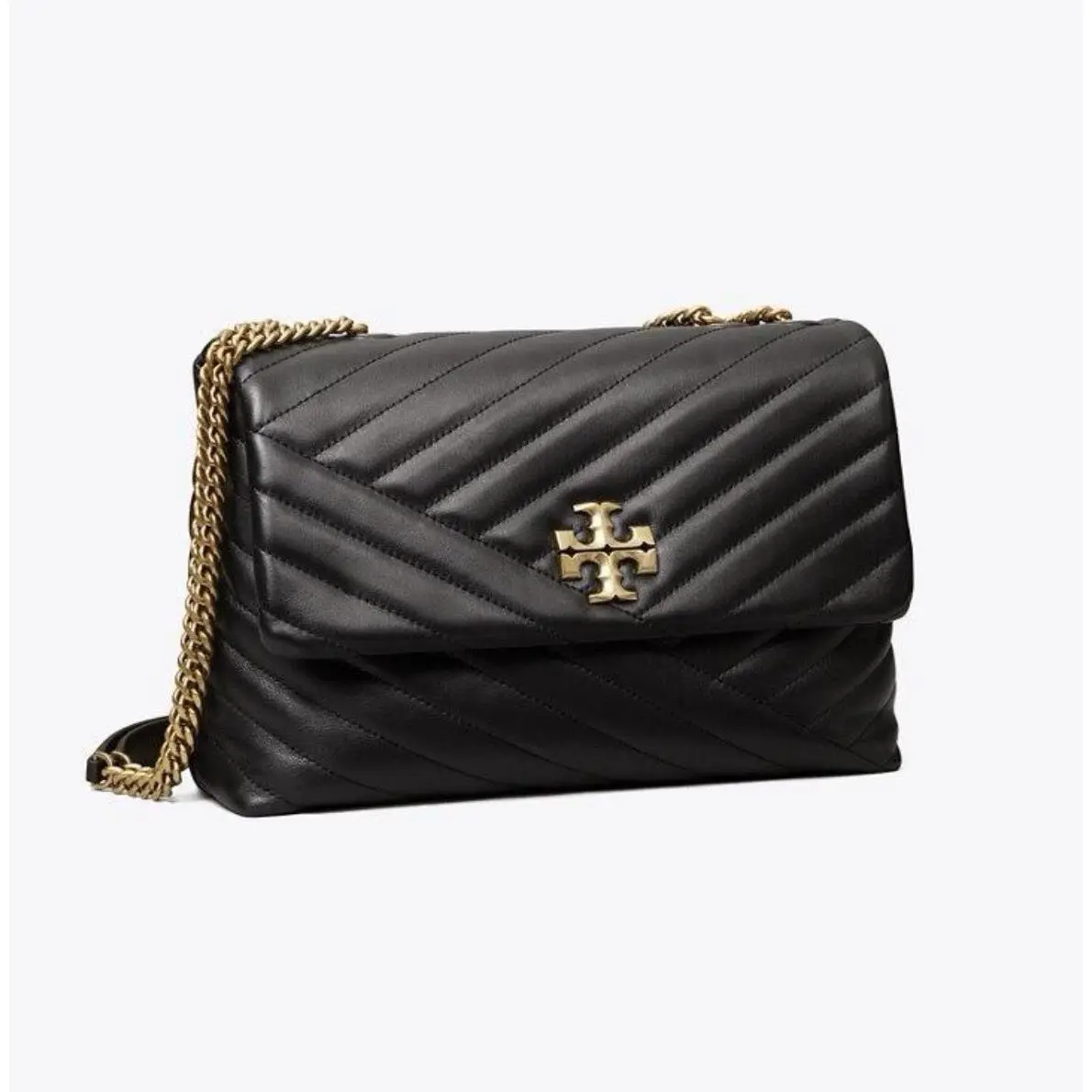 Tory Burch Black Small Kira Chevron Quilted Leather Shoulder Bag with Gold Cha