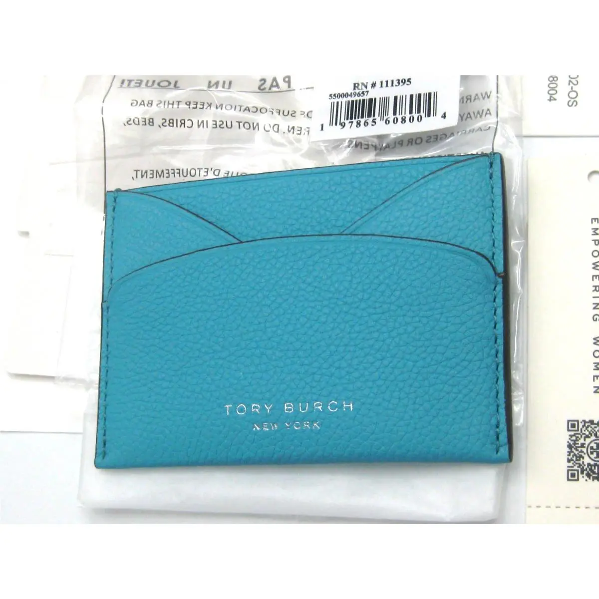 Tory Burch Leather Romy Flat Card Case in Soft Turquoise Blue Pkg