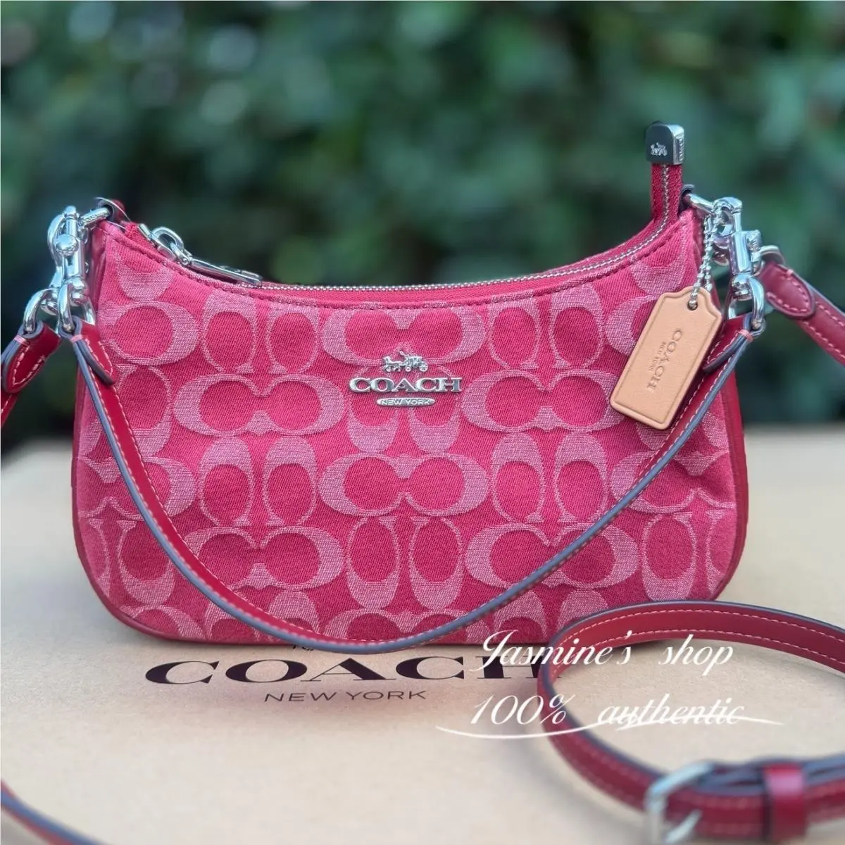 Coach Teri Shoulder Crossbody Bag In Signature Denim CDE43 Denim/silver/true Red