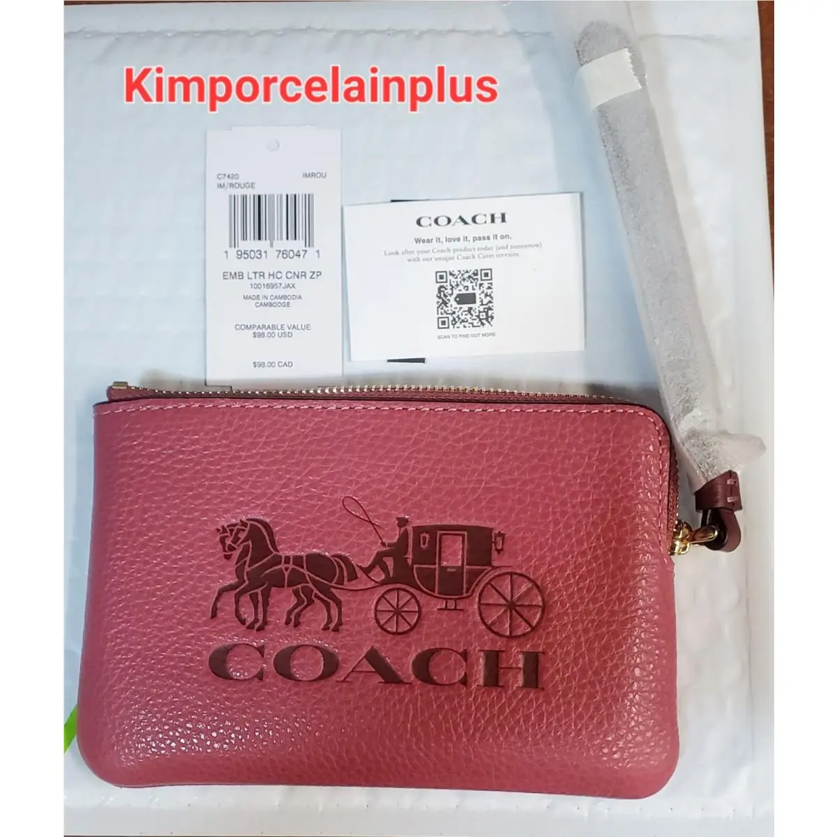 Coach Small Corner Zip Wristlet Embossed Leather Horse Carriage Rouge