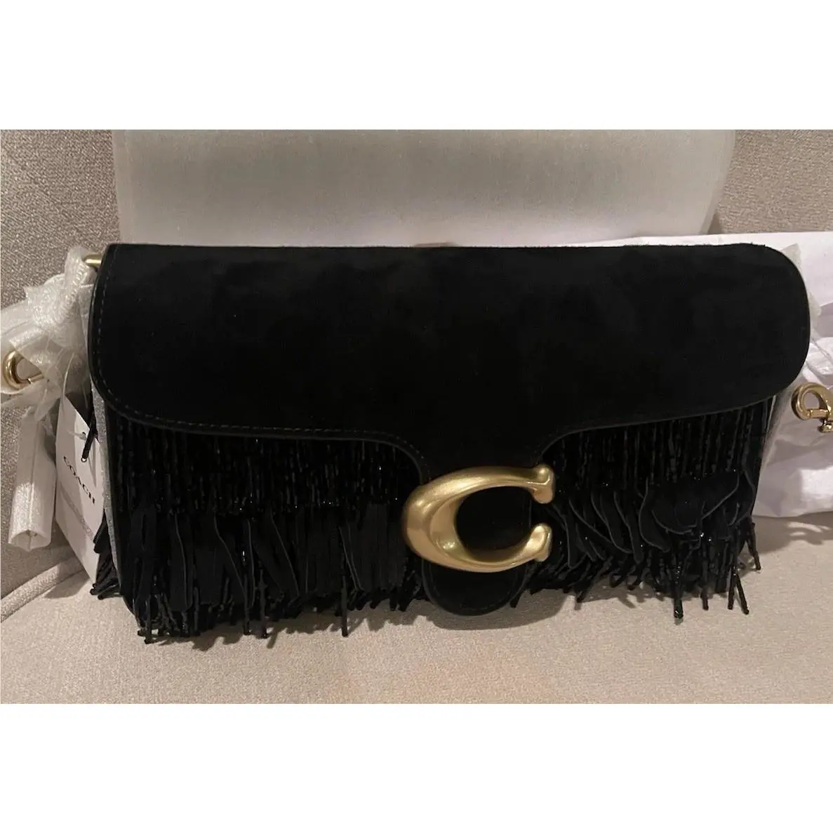 Coach Crystal Beaded Fringe Black Suede Tabby