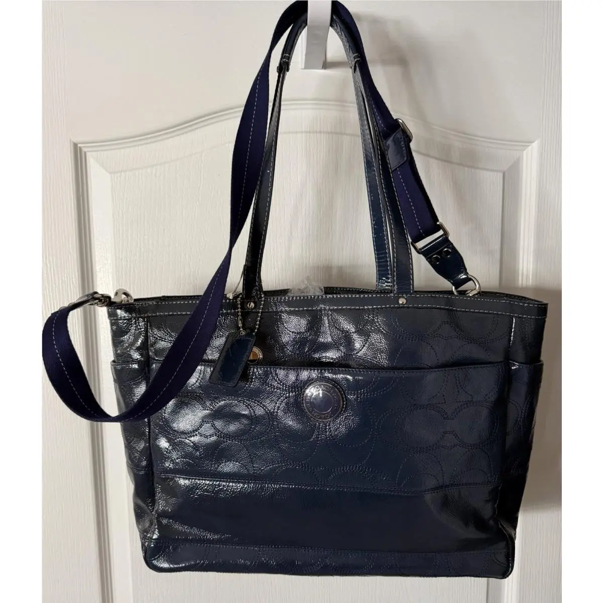 Coach Navy Patent Leather Signature Multipurpose Shoulder Conv. Tote Bag