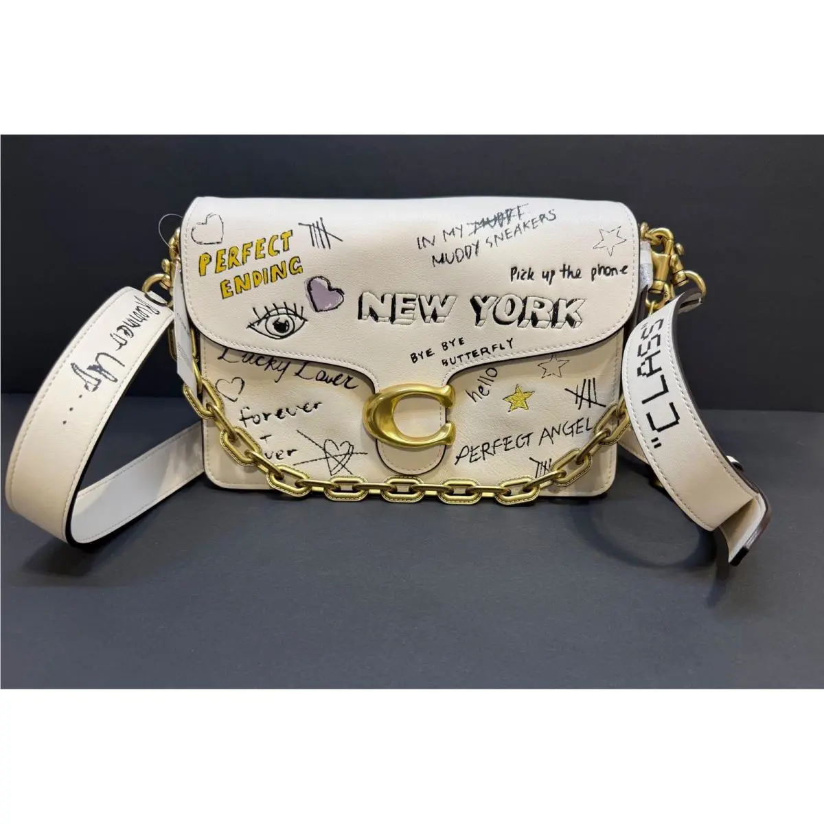 Coach Sketch Chain Tabby Shoulder Bag Chalk Leather York Graffiti
