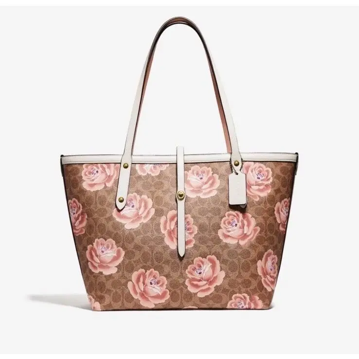 Coach Market Beige/pink Large Rose Floral Print Leather Tote Bag Turnlock
