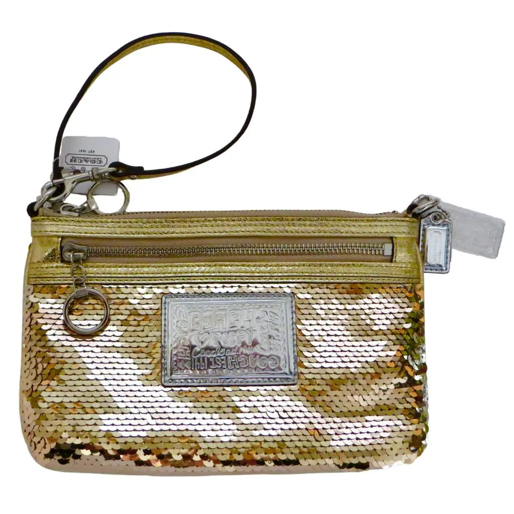 Poppy Gold Sequined XL Spotlight Wristlet Clutch Purse Rare by Coach