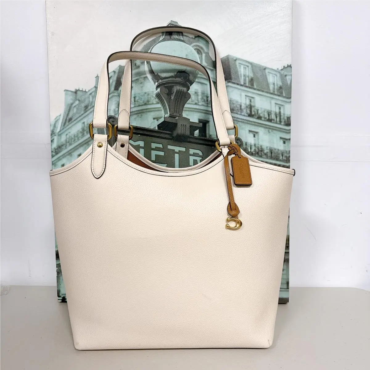 Coach C6337 Pebble Leather Day Tote Bag with Removable Zip Pouch Chalk