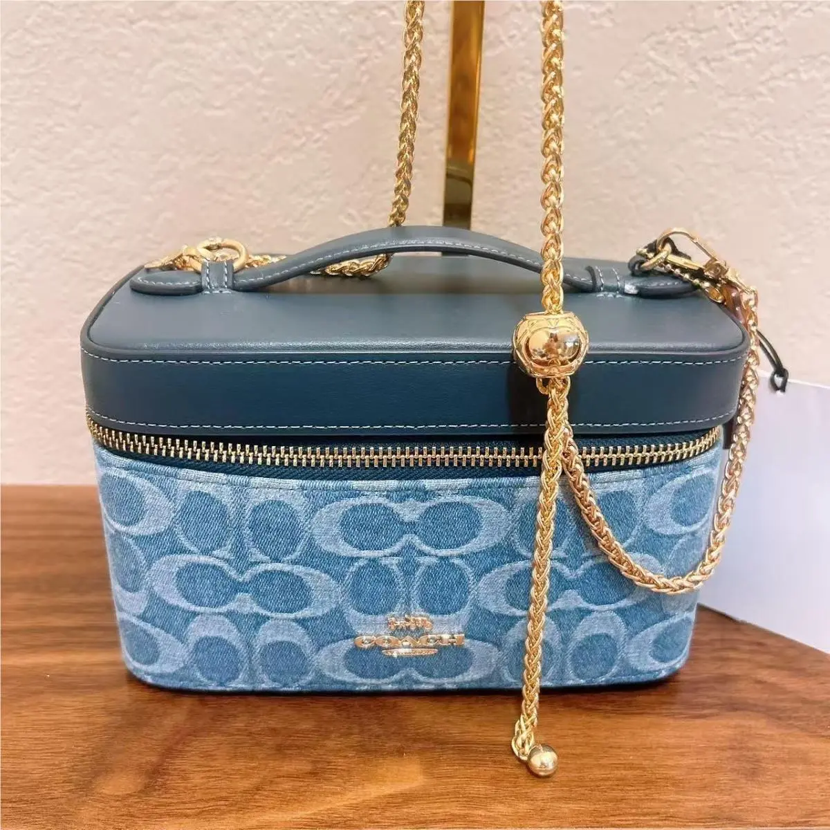 Coach Cosmetic Case In Denim CDC16 with Long Chain Strap For Crossbody