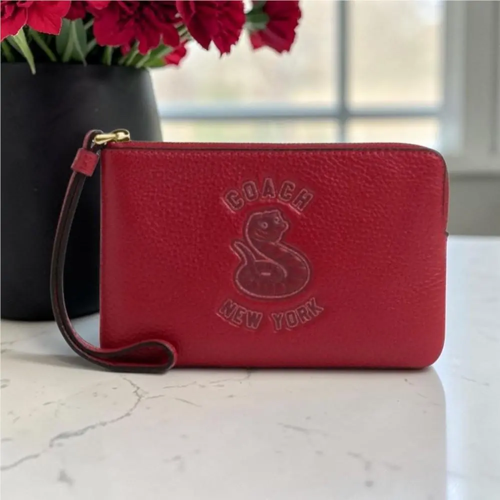 Coach Year Corner Zip Wristlet with Snake Graphic in Ruby Red Leather CZ529