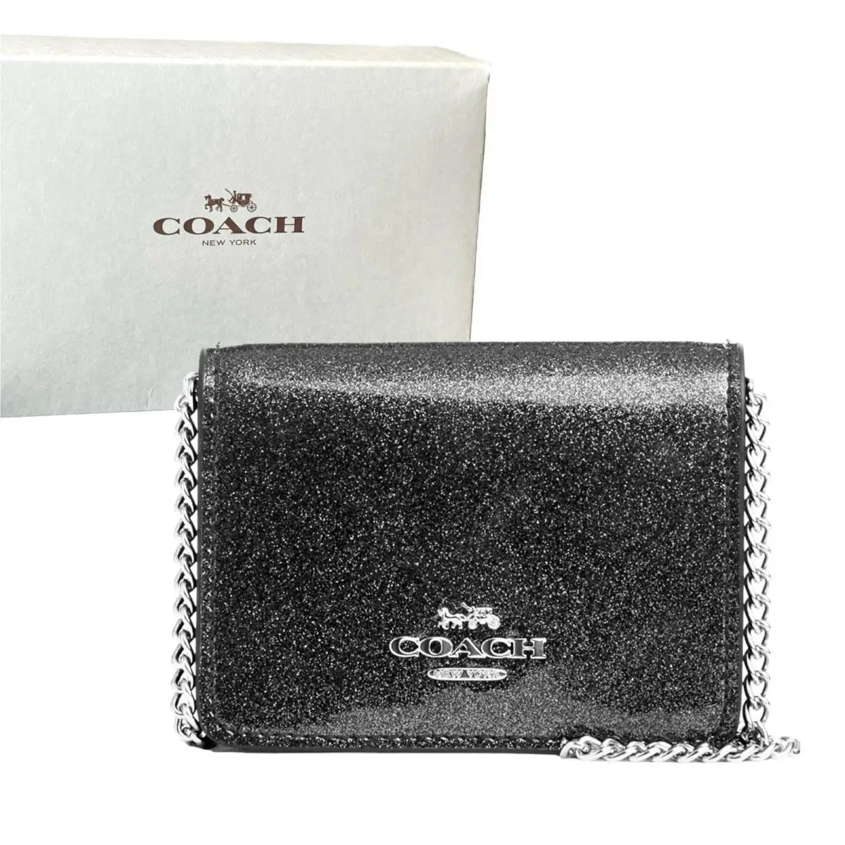 Coach Mini Wallet On Chain Gunmetal Glitter Patent Leather Silver Gray Box