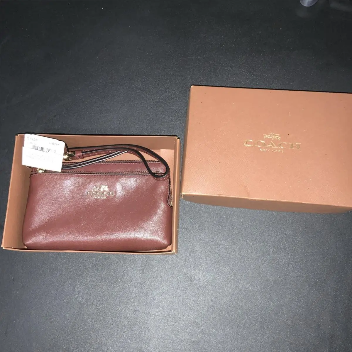 Coach Brown Pebbled Leather Double Zip Wristlet Gold Hardware Logo Wallet
