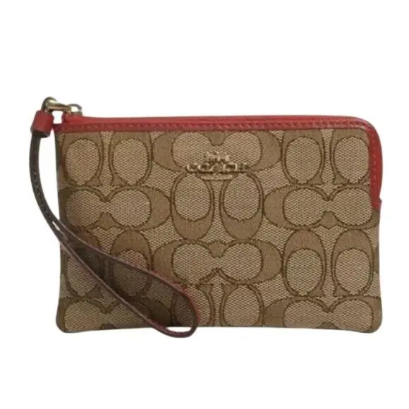 Coach Outline Signature Corner Zip Wristlet F58033 Khaki/true Red