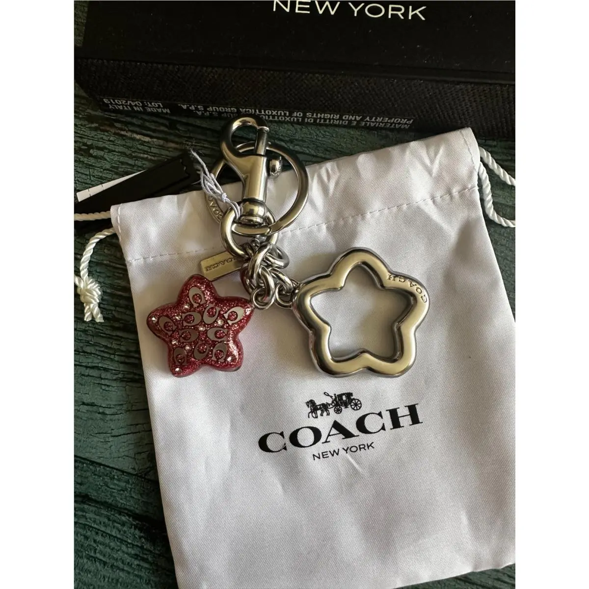 Metal Signature Star Bag Charm Keychain Fob CW489 Silver / Pink Petal by Coach