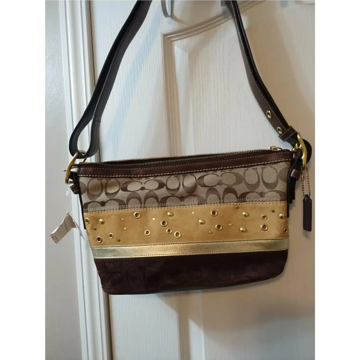 Coach Brown Duffle Shoulder Bag Suede/leather Sig C Handbag Purse F13078