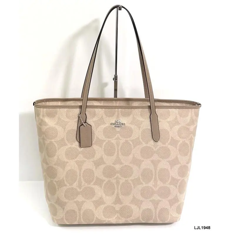 Coach Large Maxi Signature City Canvas + Leather Zip Tote Bag Sand /taupe