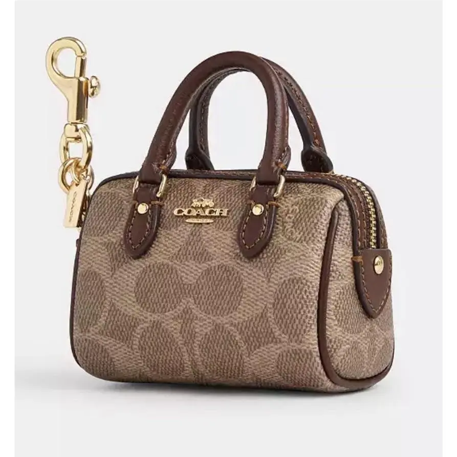 Coach Signature Mini Rowan Bag Charm Brown and Tan W/gold Accents