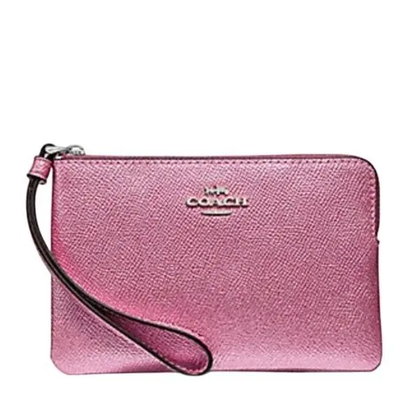 Coach Corner Zip Wristlet in Metallic Crossgrain Leather Sv/ Metallic Blush