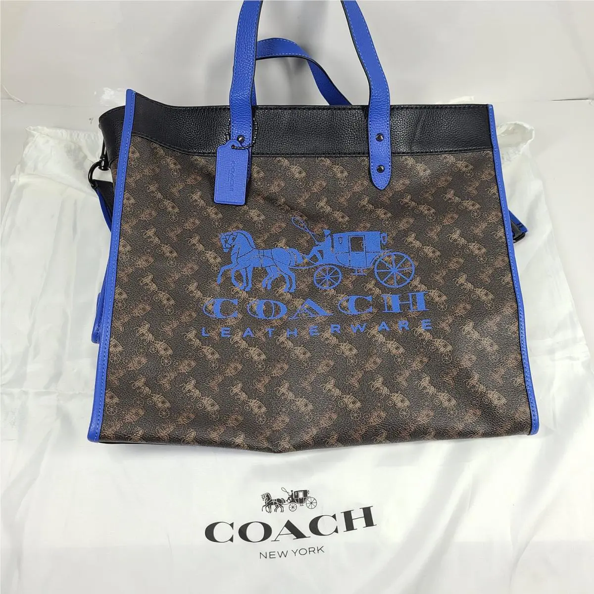 Coach Field Tote Bag 40 with Horse Carriage Print Black Brown Blue C8446