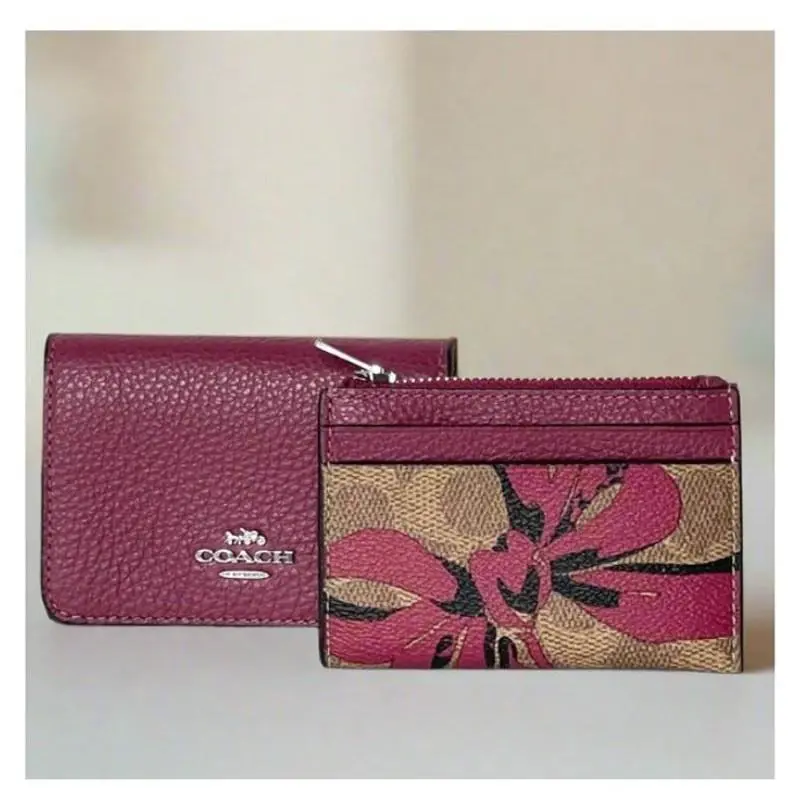 Coach CZ447 Double Card Holder Red Bow Signature Canvas Mini Wallet